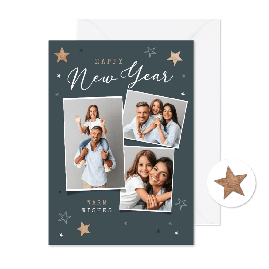 Nieuwjaarskaart happy new year fotocollage sterren hout - Kaartimpressie