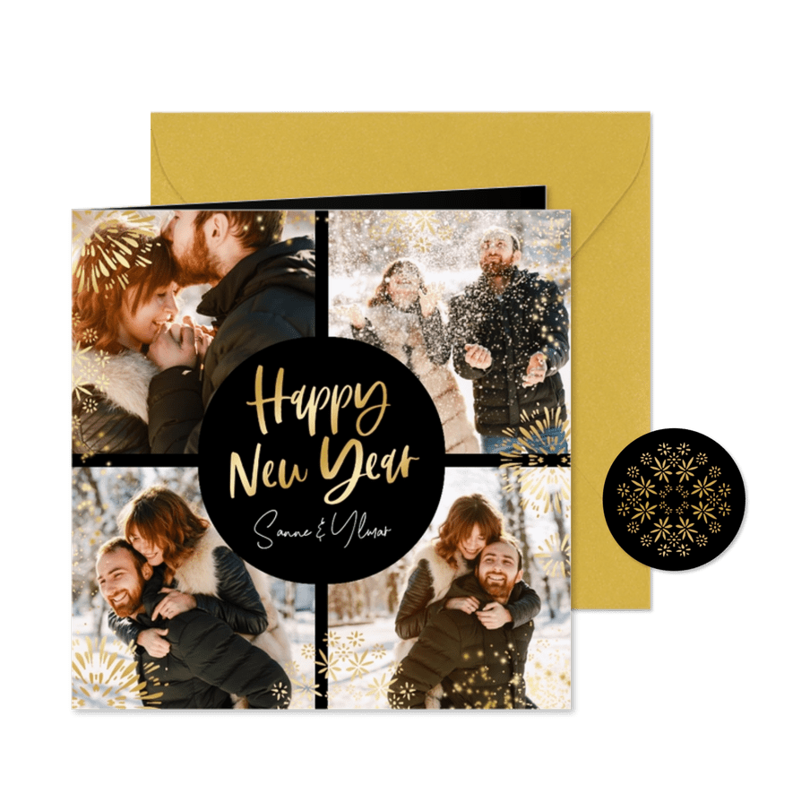 Nieuwjaarskaart happy new year fotokaart vuurwerk goud - Kaartimpressie