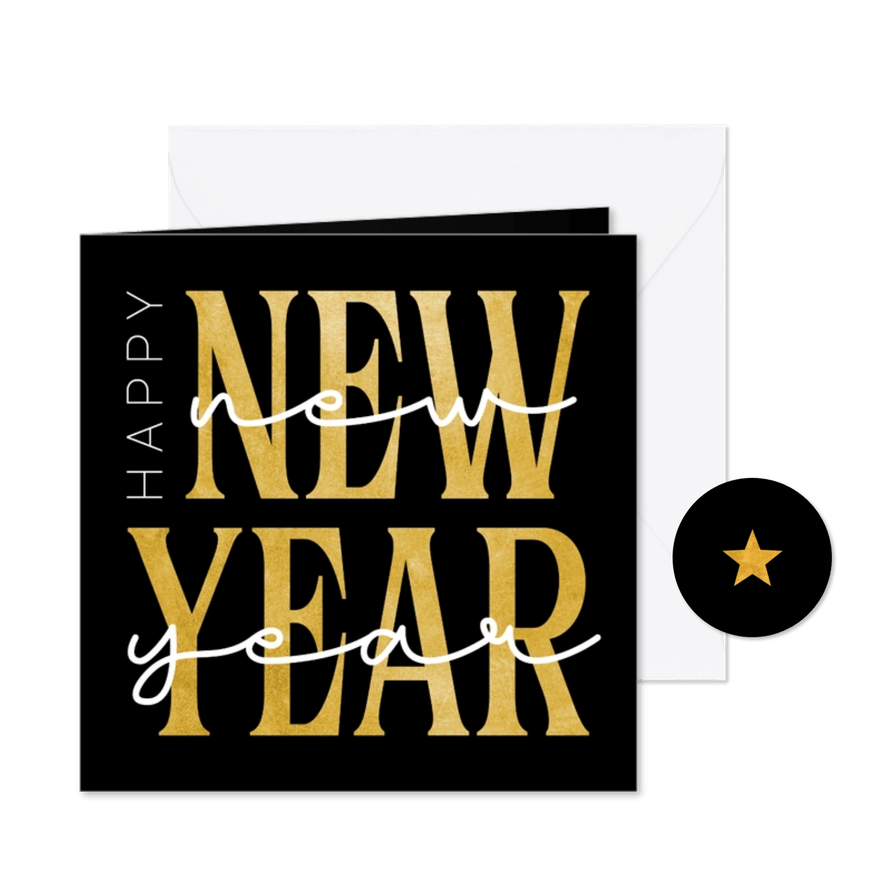 Nieuwjaarskaart happy new year groot goud - Kaartimpressie