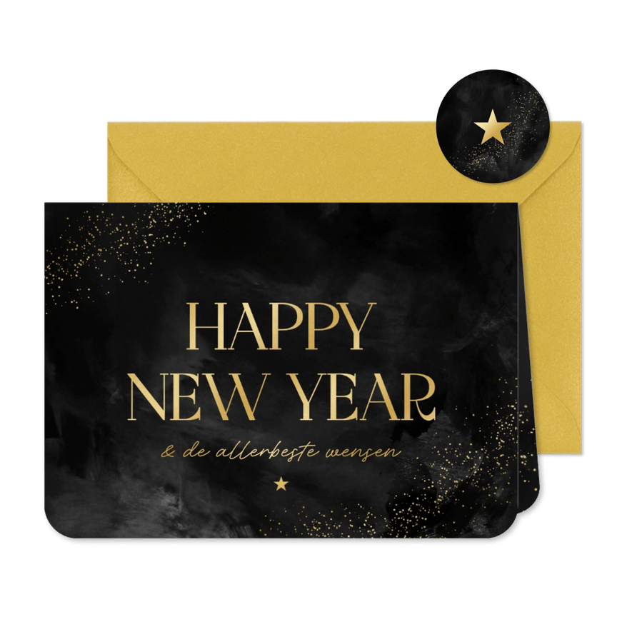 Nieuwjaarskaart happy new year grote tekst goud - Kaartimpressie