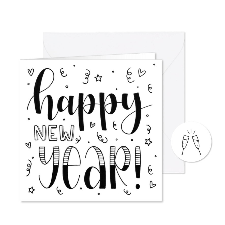 Nieuwjaarskaart Happy new year handlettering - Kaartimpressie