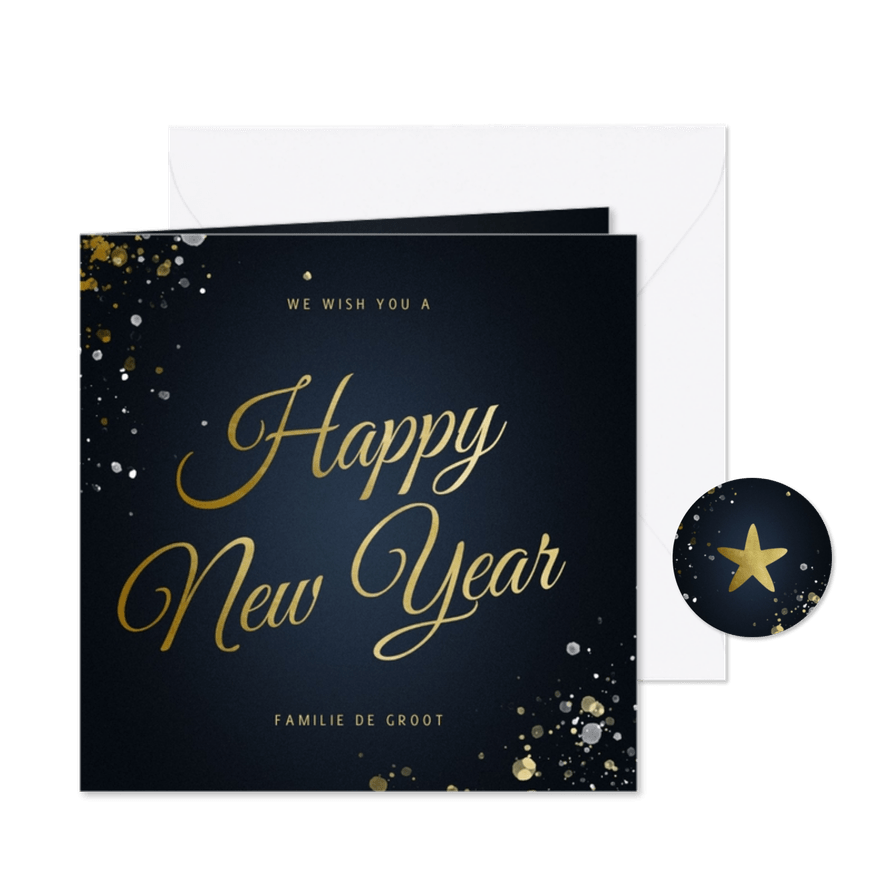 Nieuwjaarskaart Happy new Year klassiek met sterren - Kaartimpressie