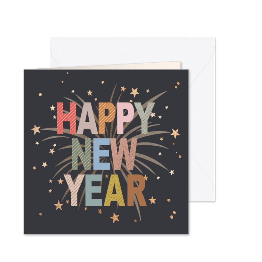 Nieuwjaarskaart - Happy New Year met vuurwerk - Kaartimpressie