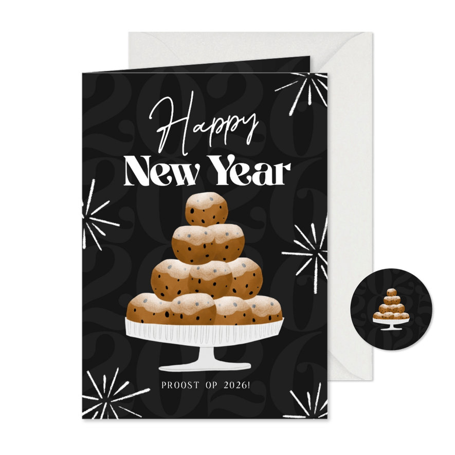Nieuwjaarskaart happy new year oliebollen zwart 2026 - Kaartimpressie