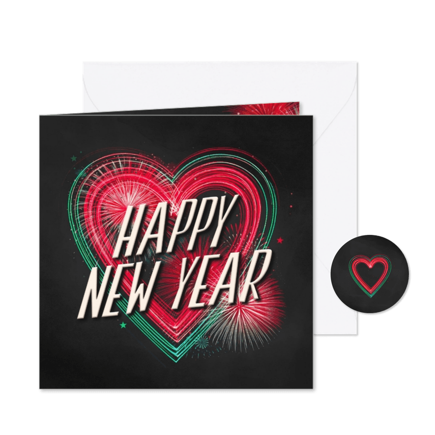 Nieuwjaarskaart happy new year rood groen neon hart vuurwerk - Kaartimpressie