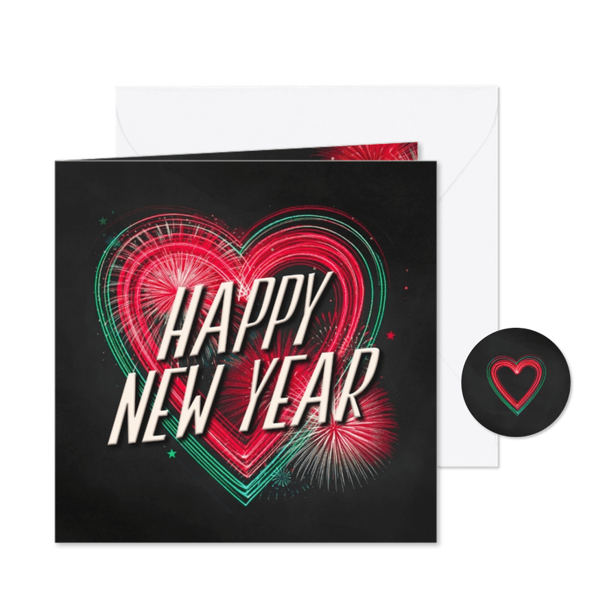Nieuwjaarskaart happy new year rood groen neon hart vuurwerk - Kaartimpressie