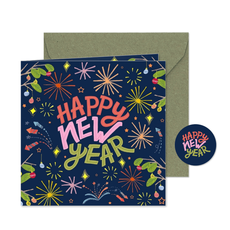 Nieuwjaarskaart Happy New Year typografie vuurwerk - Kaartimpressie