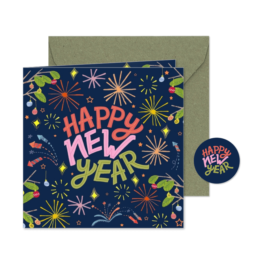 Nieuwjaarskaart Happy New Year typografie vuurwerk - Kaartimpressie