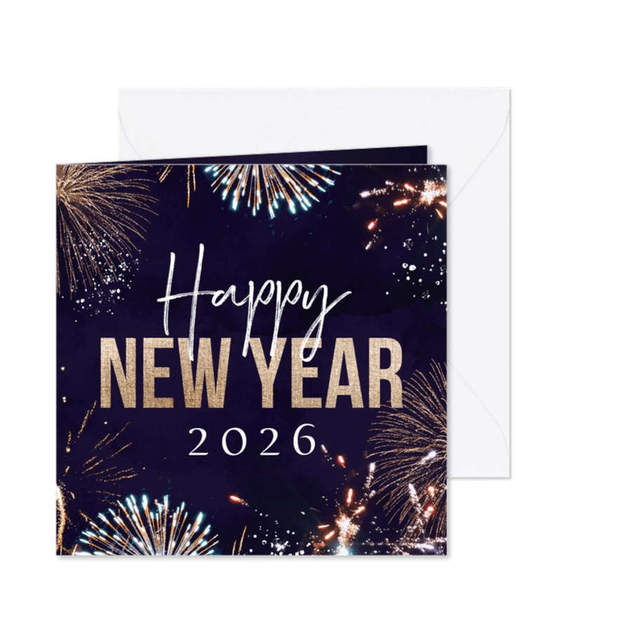 Nieuwjaarskaart happy new year vuurwerk goud - Kaartimpressie