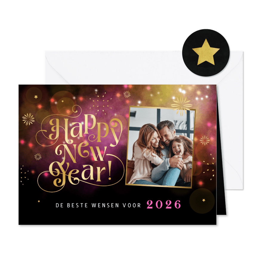 Nieuwjaarskaart happy new year vuurwerk sterren foto - Kaartimpressie