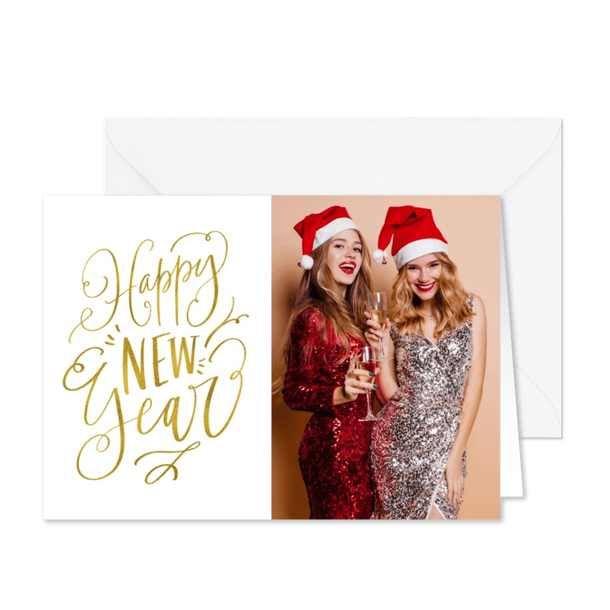 Nieuwjaarskaart Happy New Year wit met goud - Kaartimpressie