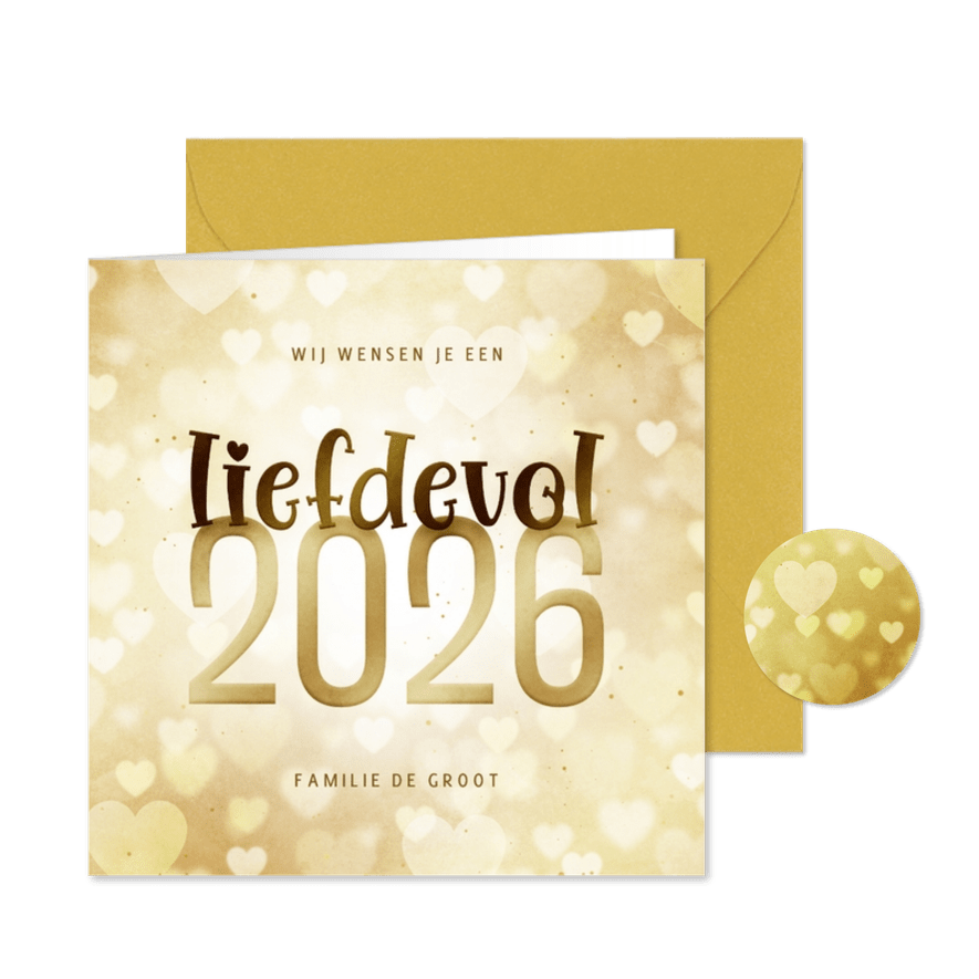 Nieuwjaarskaart hartjes liefdevol 2026 goudlook - Kaartimpressie