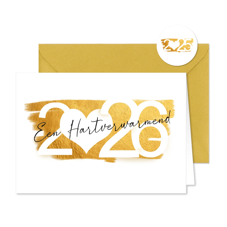 Nieuwjaarskaart hartverwarmend 2026 goud - Kaartimpressie