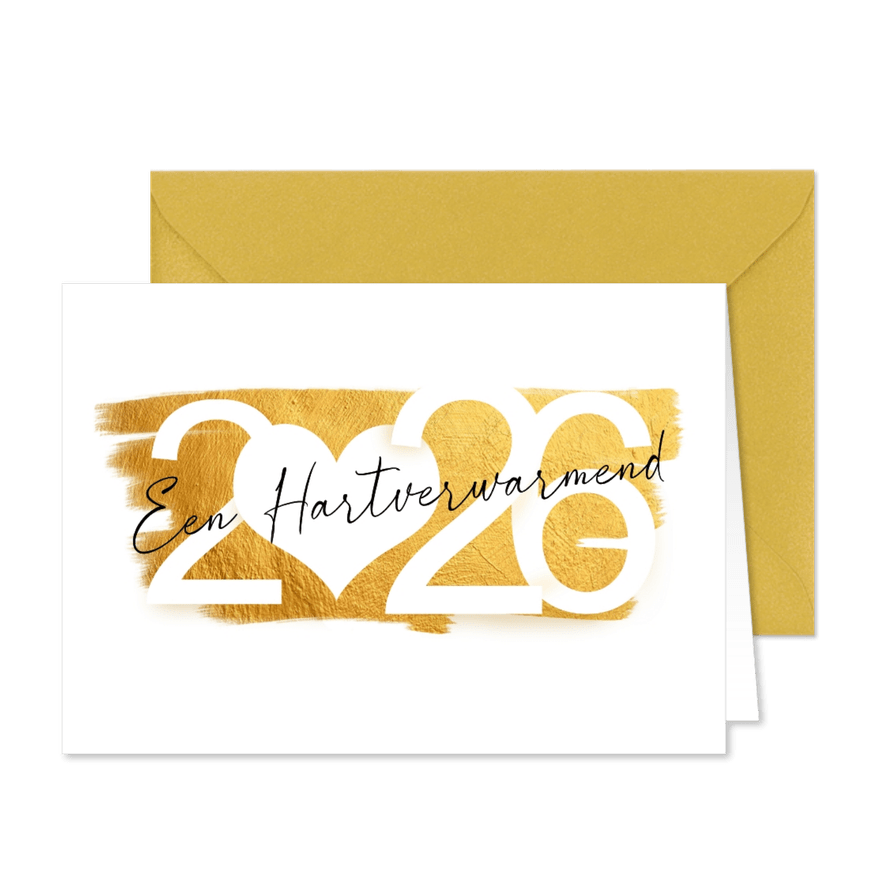 Nieuwjaarskaart hartverwarmend 2026 goud - Kaartimpressie