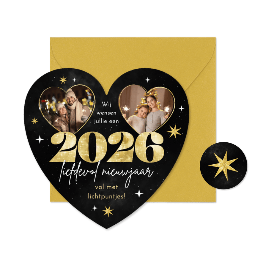 Nieuwjaarskaart hartvorm sterren vuurwerk foto goud 2026 - Kaartimpressie
