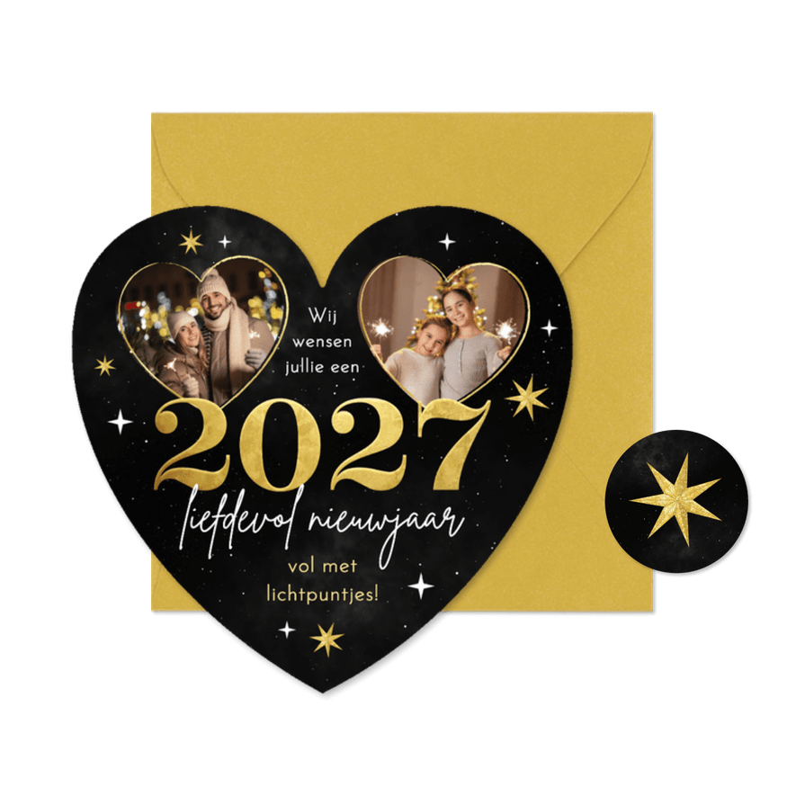 Nieuwjaarskaart hartvorm sterren vuurwerk foto goud 2027 - Kaartimpressie