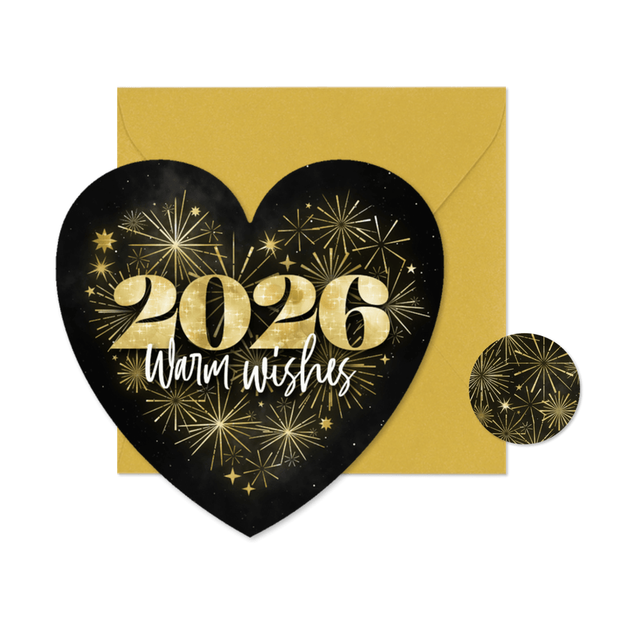 Nieuwjaarskaart hartvorm vuurwerk goud warm wishes 2026 - Kaartimpressie