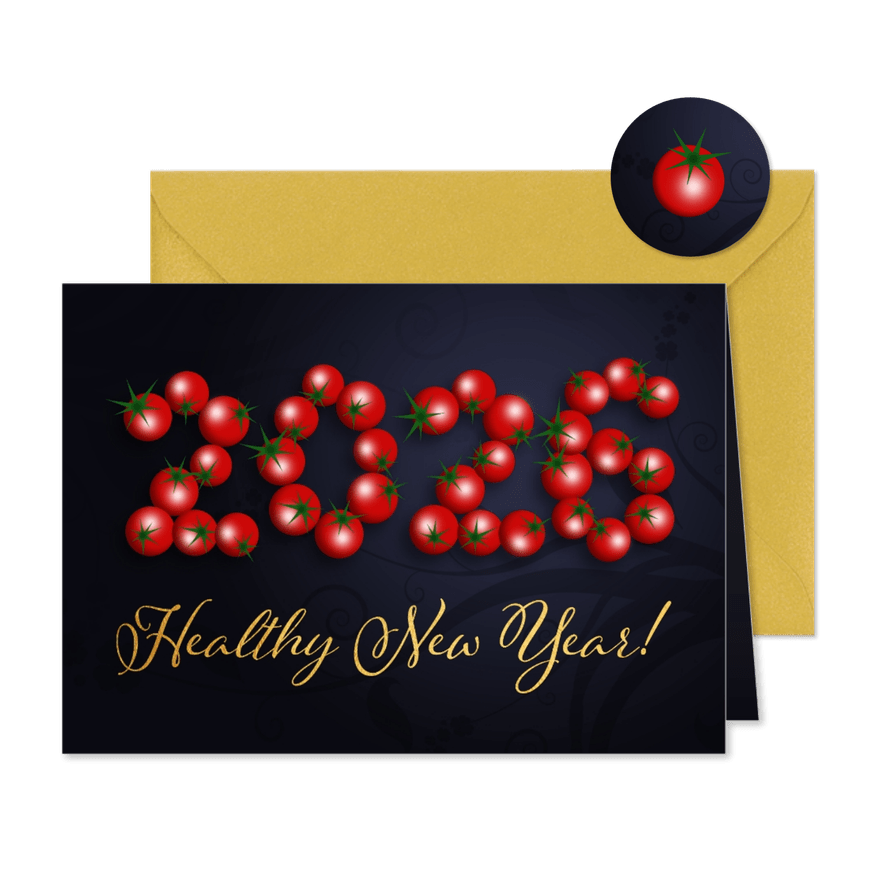 Nieuwjaarskaart healthy new year tomaatjes - Kaartimpressie