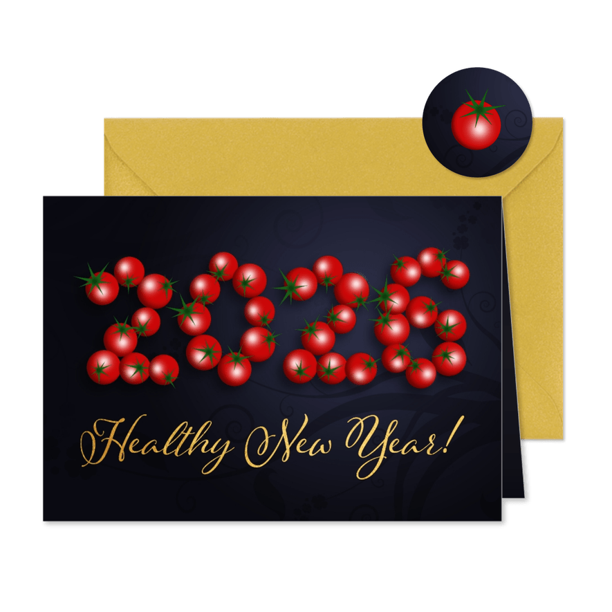Nieuwjaarskaart healthy new year tomaatjes - Kaartimpressie