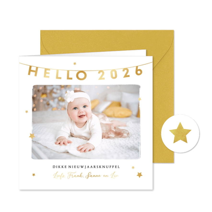 Nieuwjaarskaart hello 2026 foto sterren goud liefde - Kaartimpressie