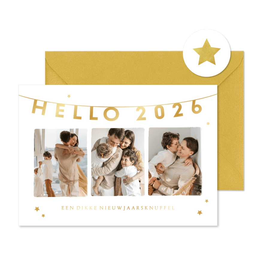 Nieuwjaarskaart Hello 2026 fotocollage gouden sterren - Kaartimpressie