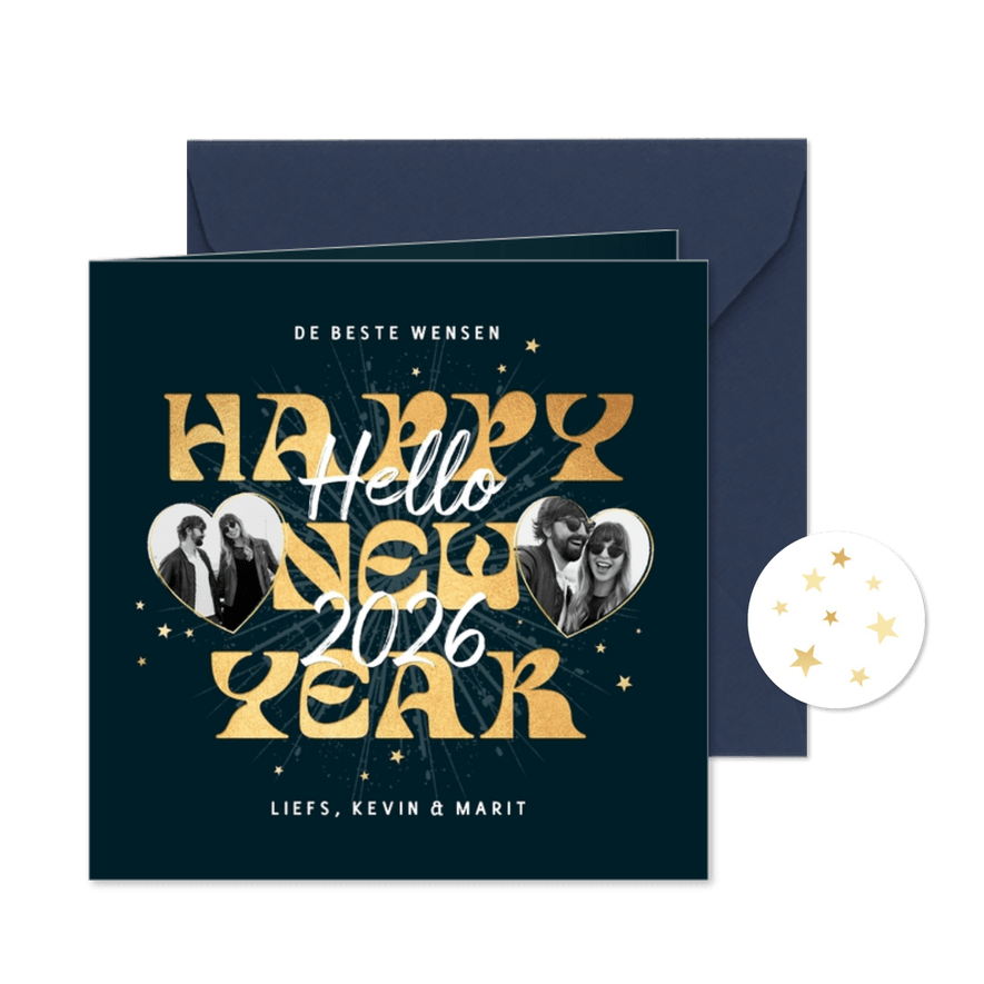 Nieuwjaarskaart hello 2026 goud vuurwerk sterretjes foto's - Kaartimpressie