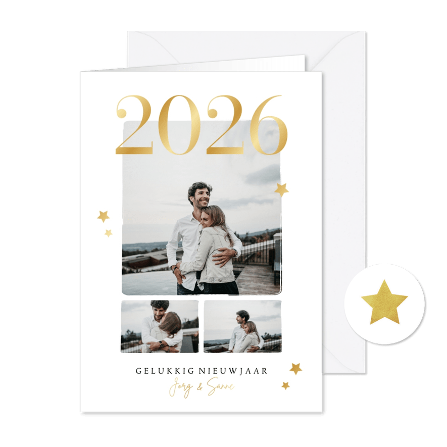 Nieuwjaarskaart Hello 2026 jaartal fotocollage sterren goud - Kaartimpressie