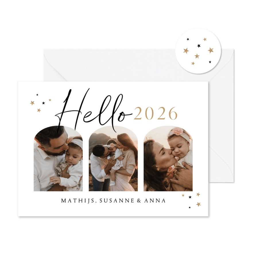 Nieuwjaarskaart hello 2026 stijlvol foto's sterren goud hip - Kaartimpressie