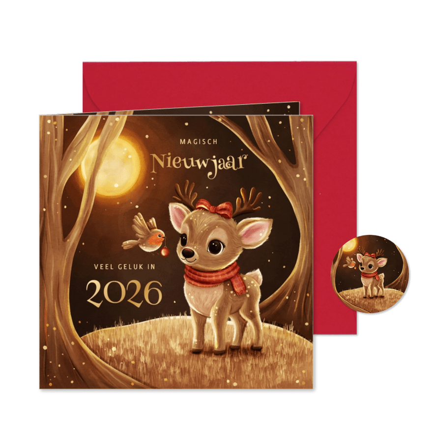 Nieuwjaarskaart hert met roodborstje in sprankelend bos - Kaartimpressie