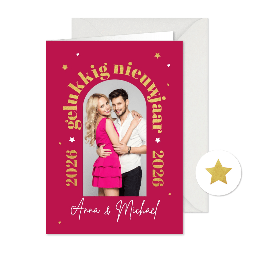 Nieuwjaarskaart hip modern roze goud sterren foto - Kaartimpressie