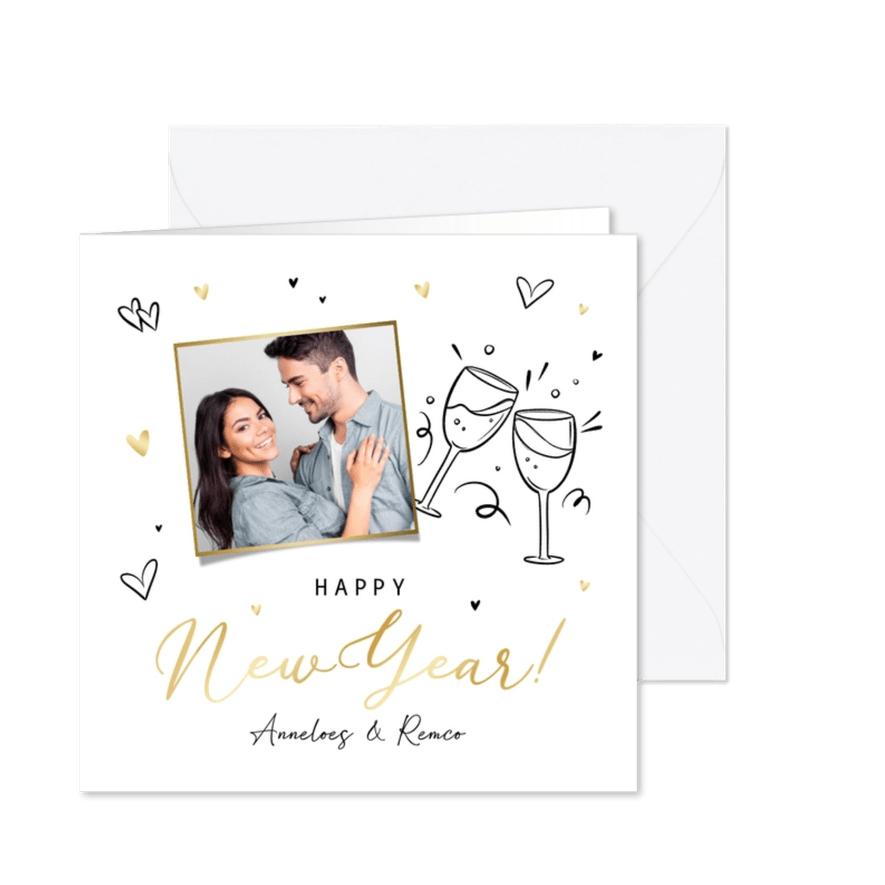 Nieuwjaarskaart hip trendy hartjes champagne goud foto - Kaartimpressie