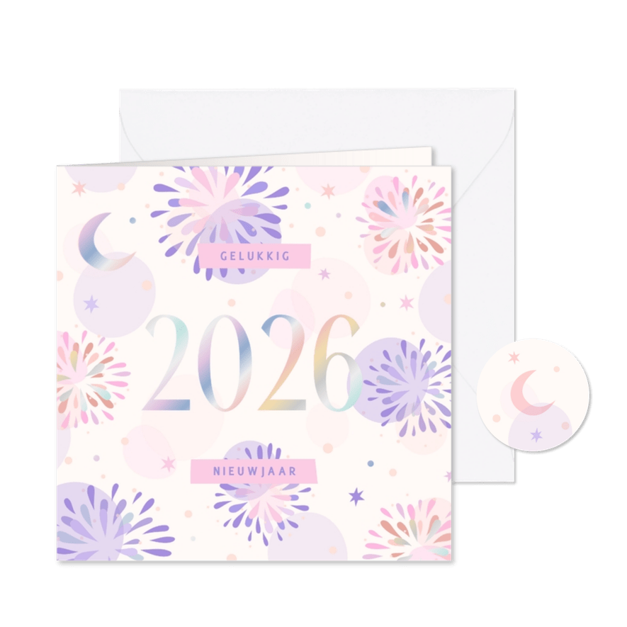 Nieuwjaarskaart holografisch 2026 vuurwerk - Kaartimpressie