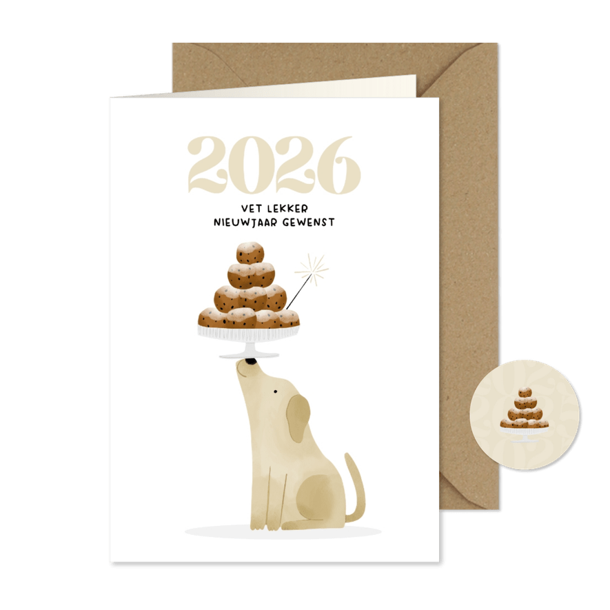 Nieuwjaarskaart hondje met oliebollen en jaartal 2026 - Kaartimpressie