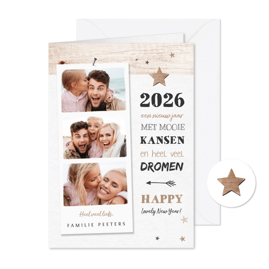 Nieuwjaarskaart houtlook met fotocollage en sterren - Kaartimpressie