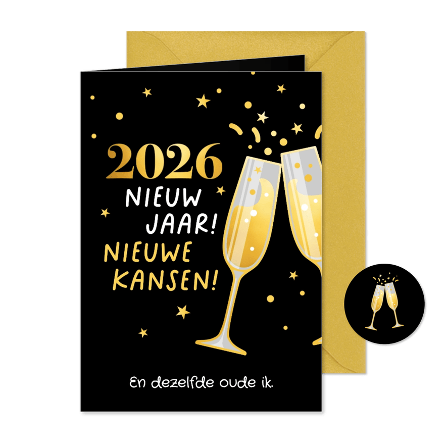 Nieuwjaarskaart humor ‘2026, nieuwe kansen, oude ik' - Kaartimpressie