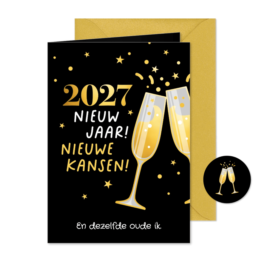 Nieuwjaarskaart humor 2027, nieuwe kansen, oude ik - Kaartimpressie