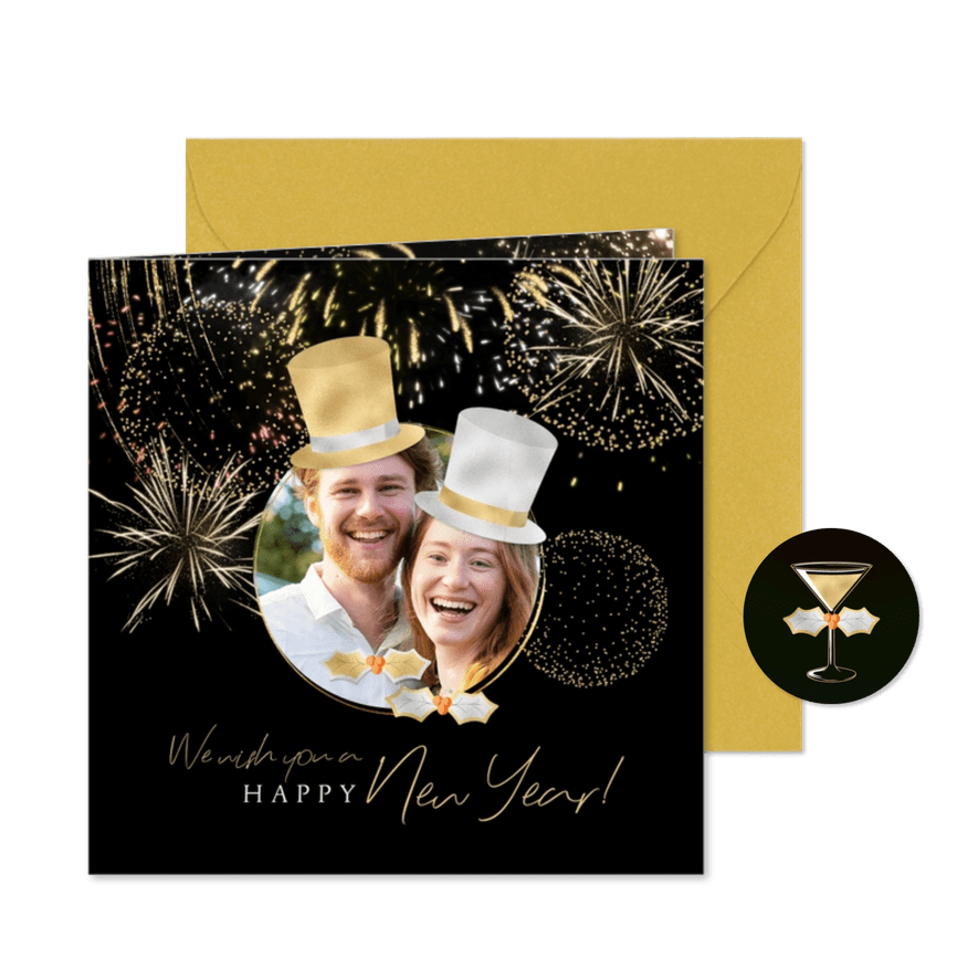 Nieuwjaarskaart humor vrolijk verkleedfeest eigen foto - Kaartimpressie