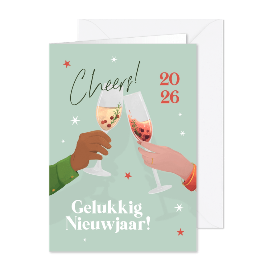 Nieuwjaarskaart illustratie champagne cheers 2026 sterren - Kaartimpressie