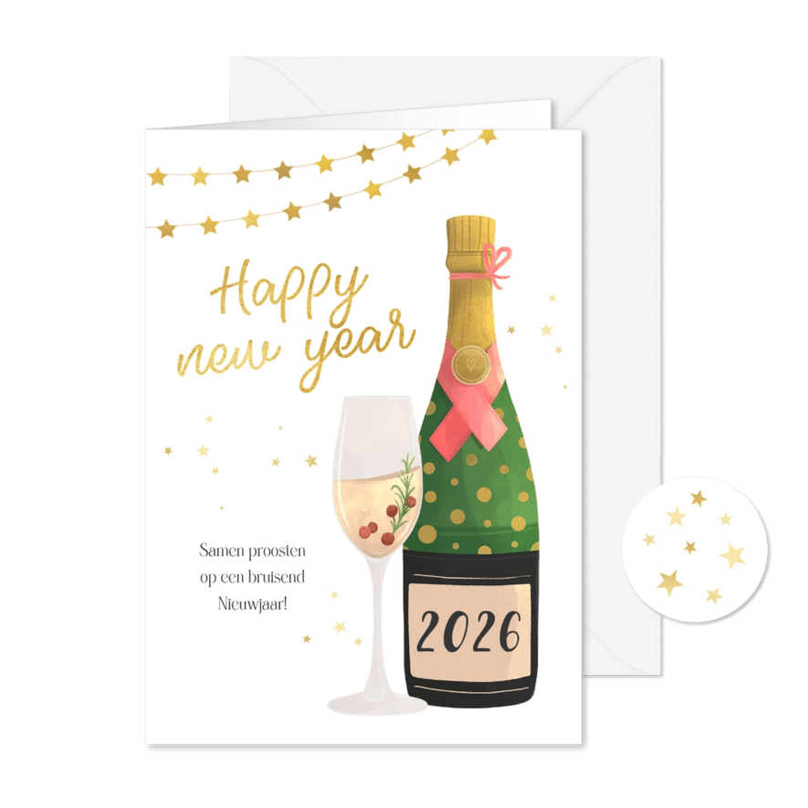 Nieuwjaarskaart illustratie champagne sterren 2026 - Kaartimpressie