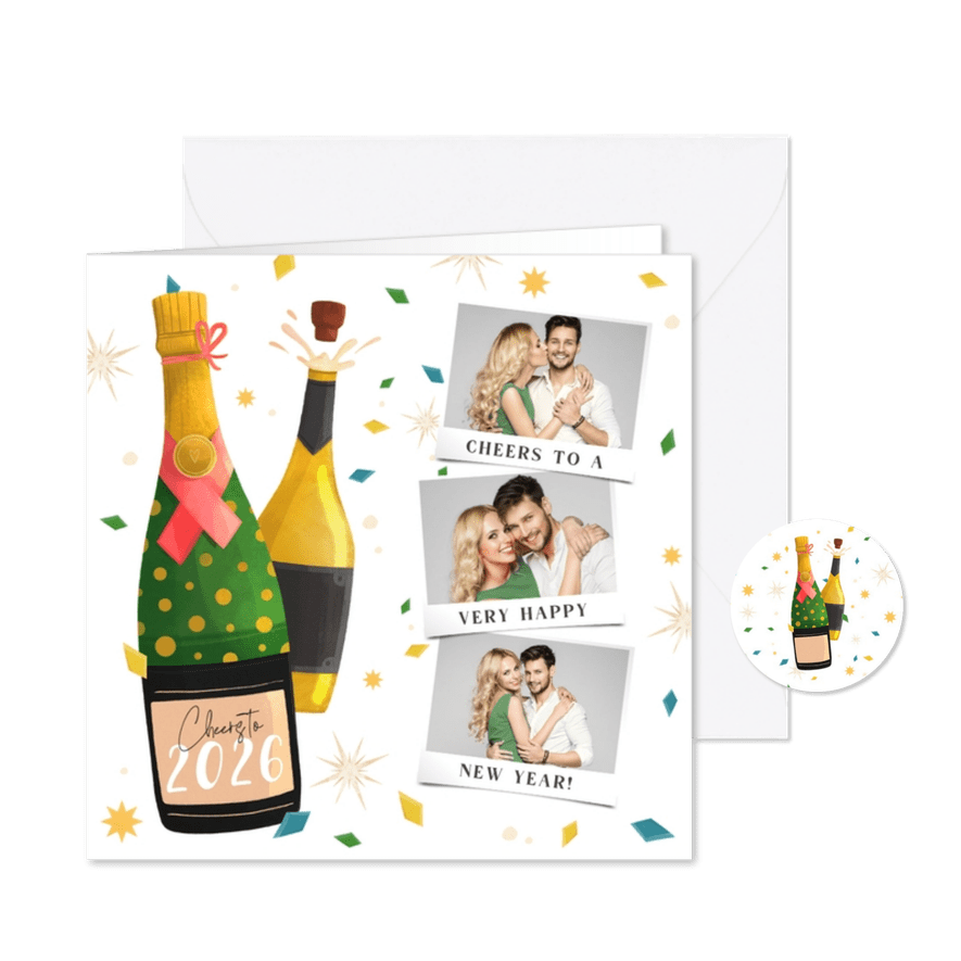 Nieuwjaarskaart illustratie champagneflessen drie foto's - Kaartimpressie