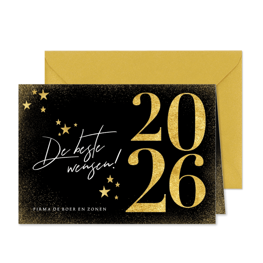 Nieuwjaarskaart in goud 2026 en sterren zwart stijlvol - Kaartimpressie