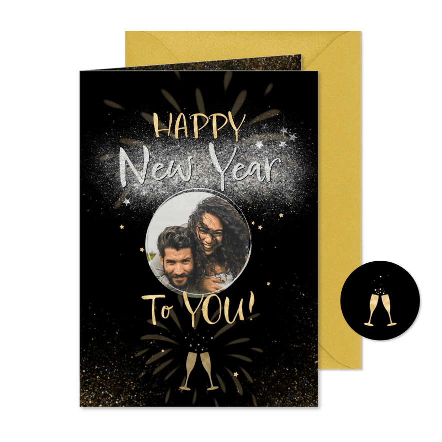 Nieuwjaarskaart internationaal vuurwerk, champagne en foto - Kaartimpressie