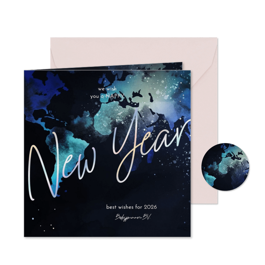 Nieuwjaarskaart internationaal wereldkaart in neonkleuren - Kaartimpressie