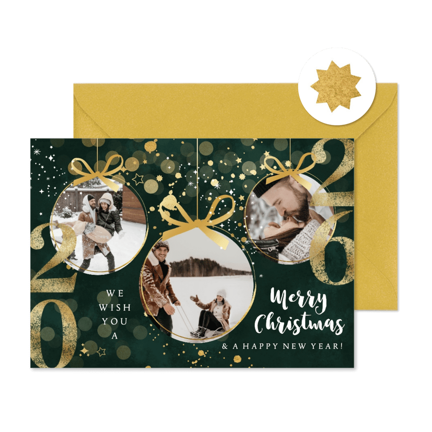 Nieuwjaarskaart jaartal goud fotokaart kerstballen sterren - Kaartimpressie