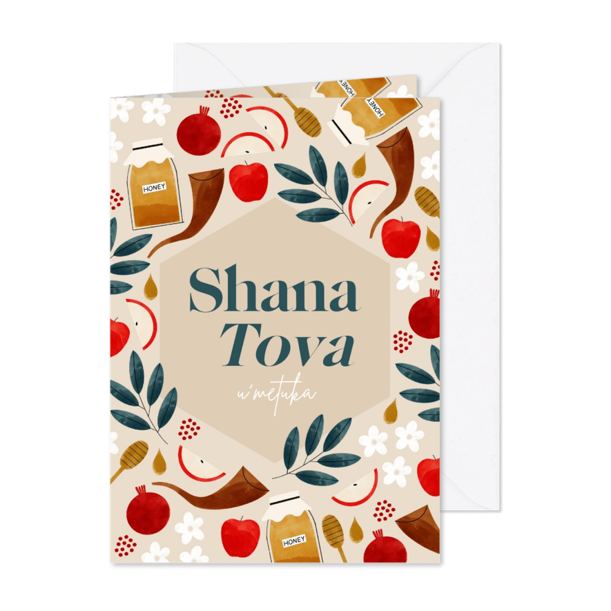 Nieuwjaarskaart Joods Shana Tova granaatappels honing shofar - Kaartimpressie