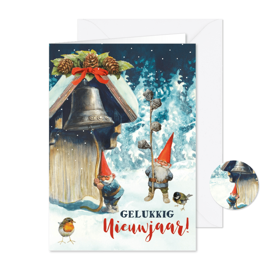 Nieuwjaarskaart kabouter luidt de klok - Kaartimpressie