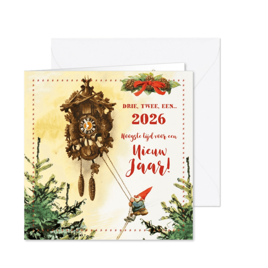 Nieuwjaarskaart kabouter luidt het nieuwe jaar koekoeksklok - Kaartimpressie
