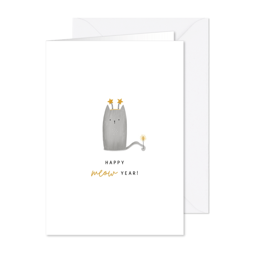 Nieuwjaarskaart kat happy meow year - Kaartimpressie