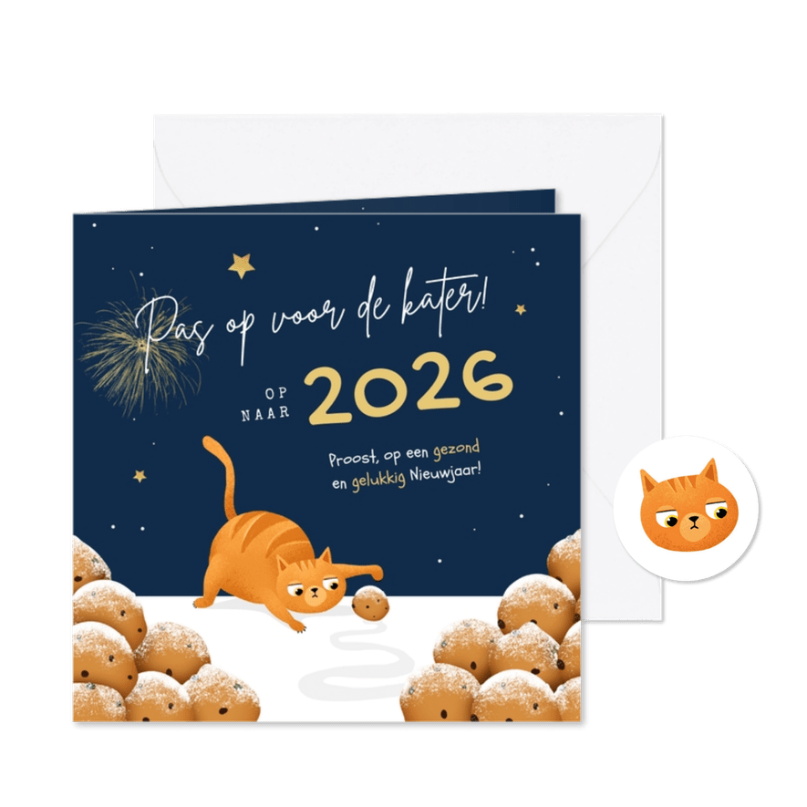 Nieuwjaarskaart kat oliebollen grappig 2026 kater sterren - Kaartimpressie