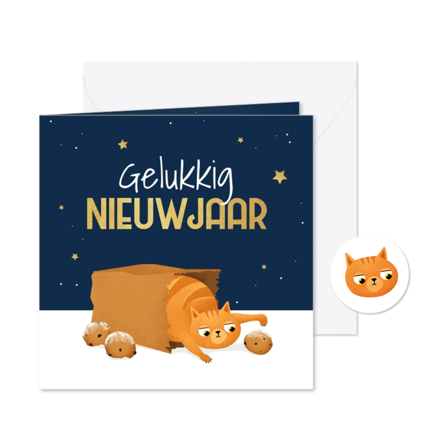 Nieuwjaarskaart kat poes sterren oliebollen illustratie - Kaartimpressie